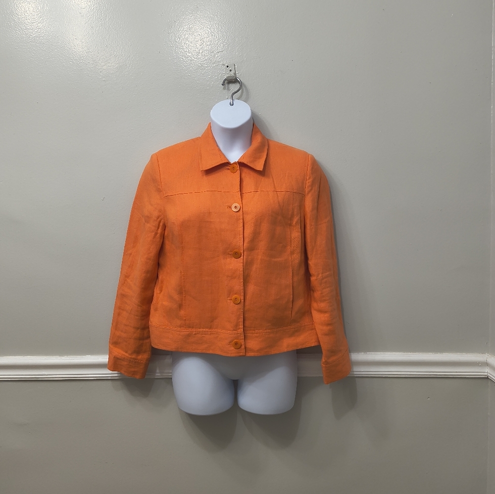 Talbots Cropped Irish Linen Blazer Jacket Womens Sz 14 Orange Travel Casual Work